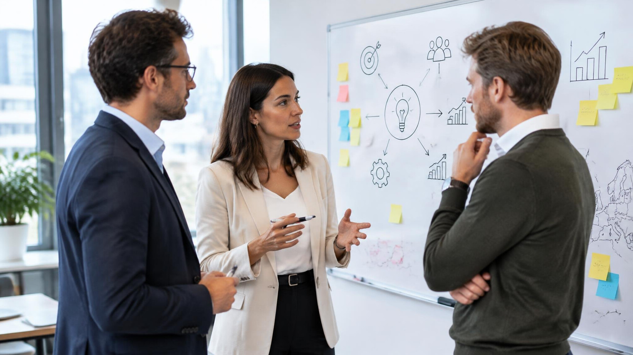 Team analyzing business strategy on a whiteboard
